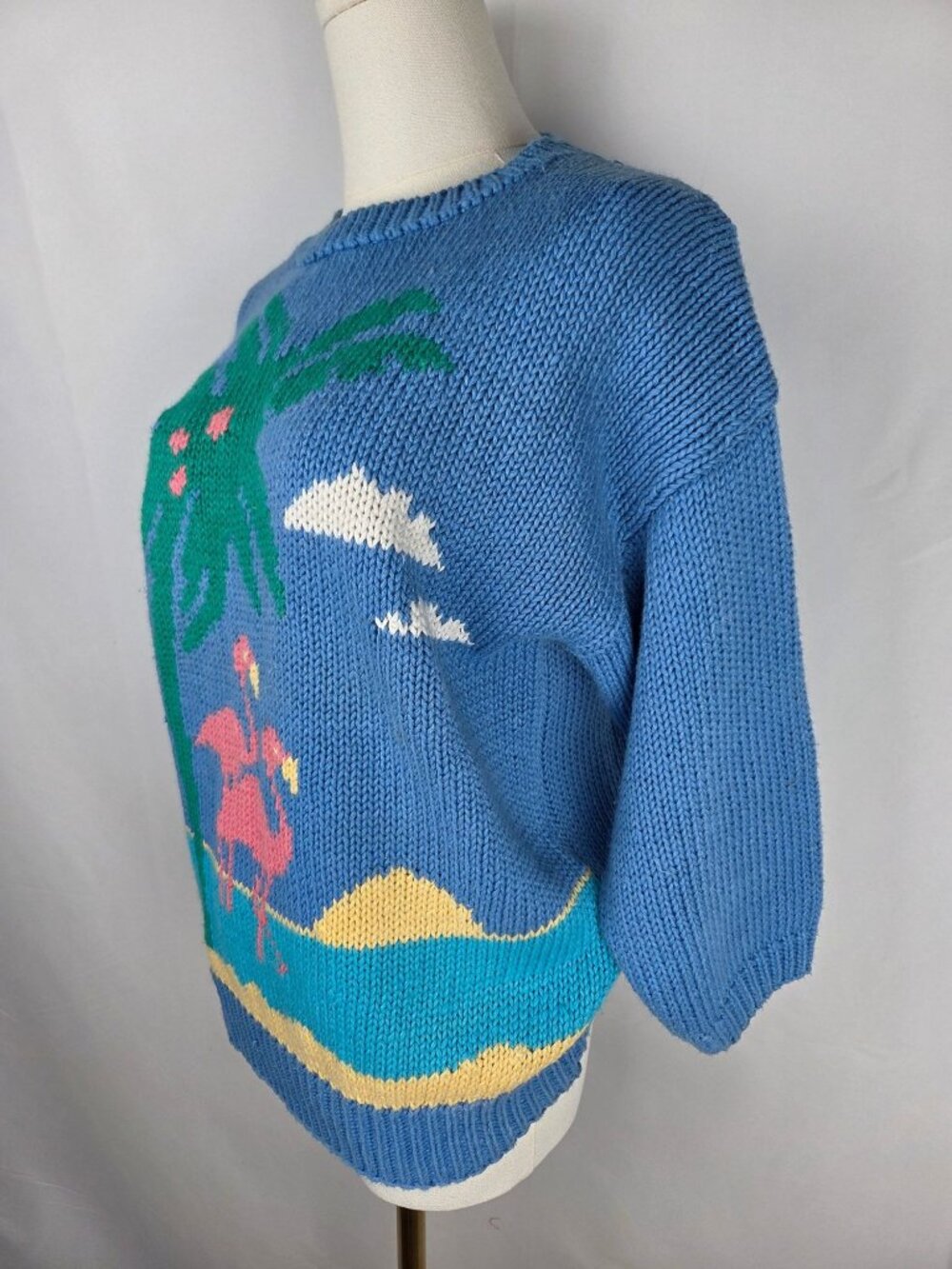 Vtg Robert Scott Hand Knit Sweater L 90s Flamingo Palm Tree Tropical Novelty - Picture 2 of 10